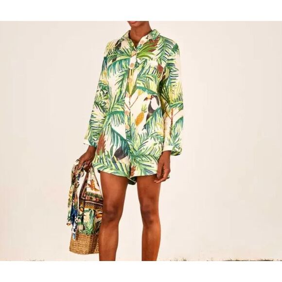 Farm Rio Multicolor Toucan Paradise Linen Long Sleeve Collared Romper Size Small - Picture 1 of 8